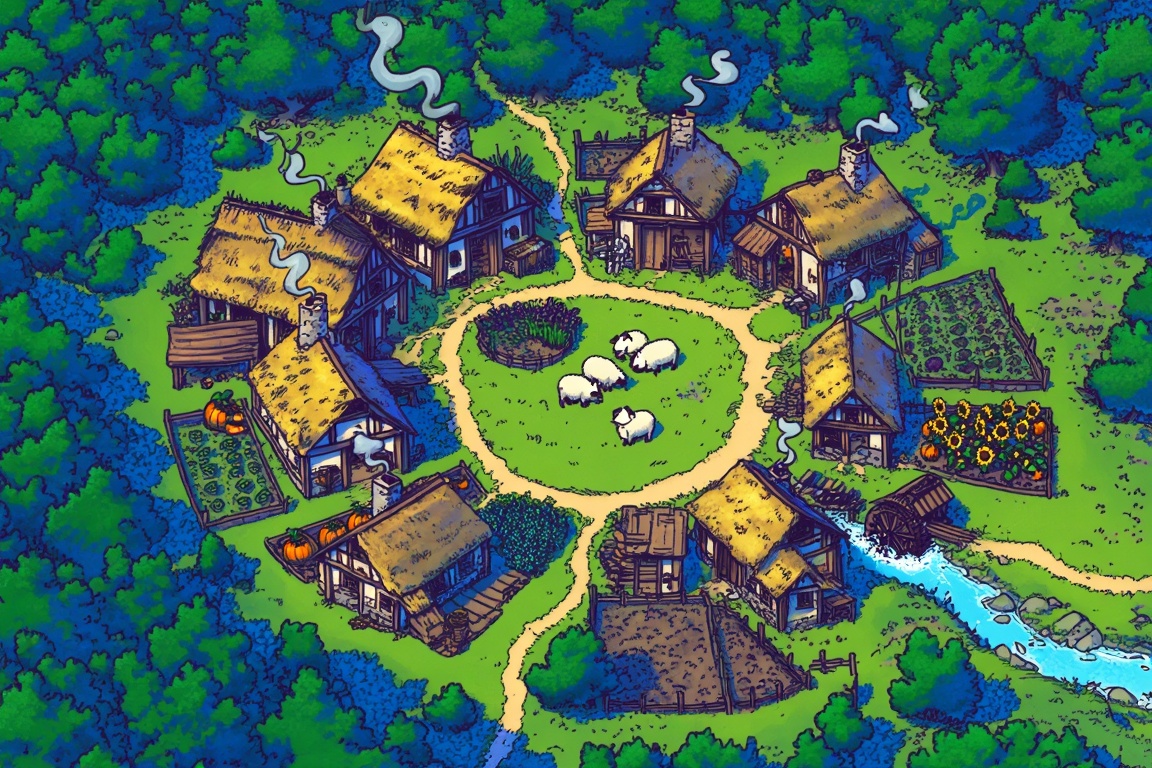 A vibrant,  top-down illustrative map shows a rustic village nestled in a lush,  green valley. The village is arranged in...