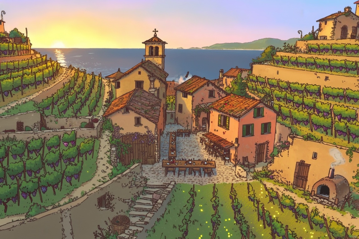 A stunning,  elevated-angle illustration portrays a small,  rustic village nestled within a series of steep on Tensor.Art