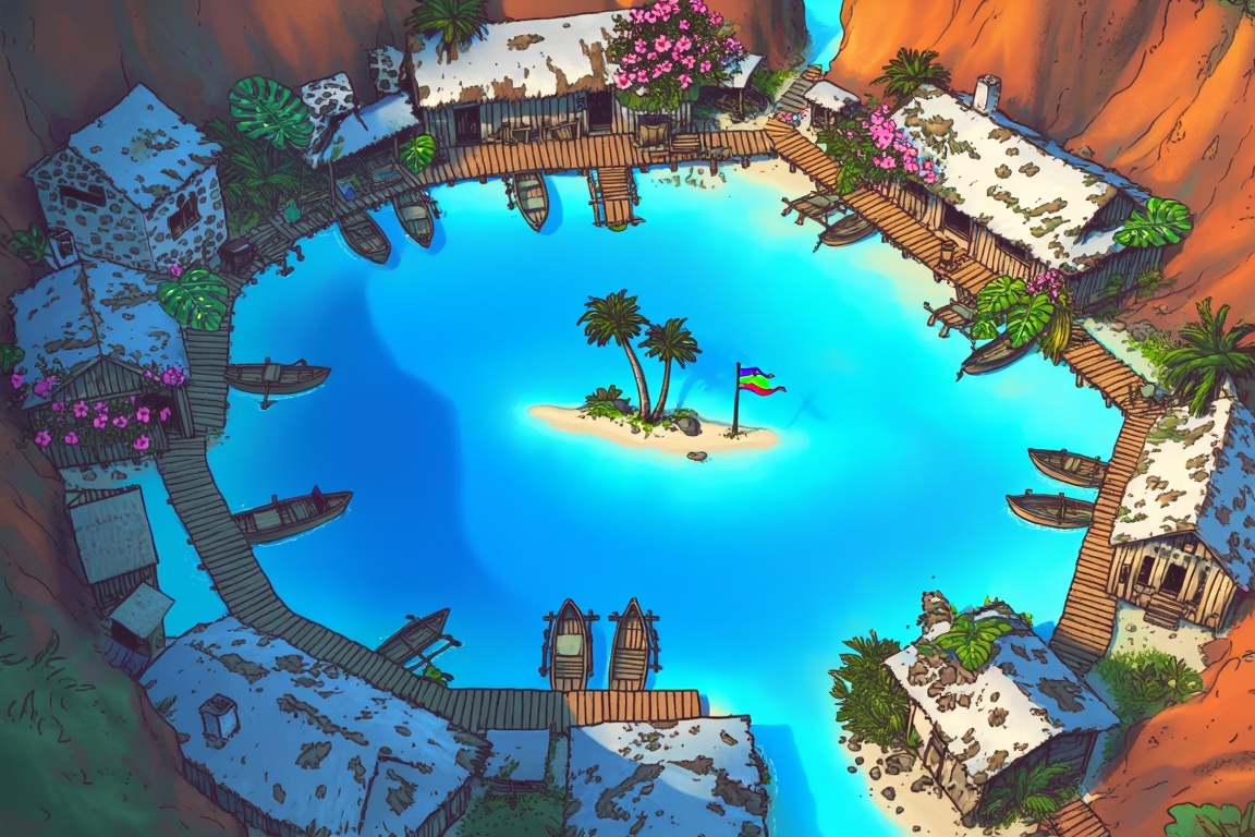 Anillustration idyllic bird’s-eye view captures a village shaped like a horseshoe around a shallow,  neon-turquoise lagoon...