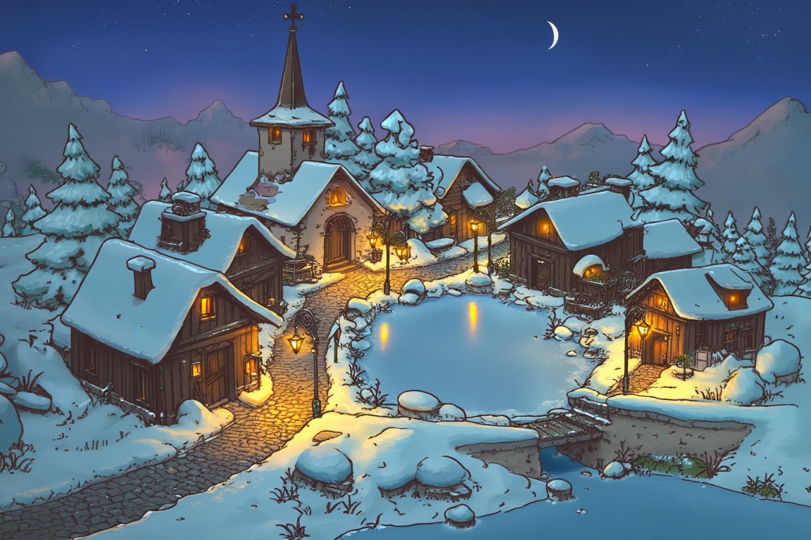 An enchanting,  isometric-style illustration depicts a small mountain village tucked into a snowy pass at twilight. The la...