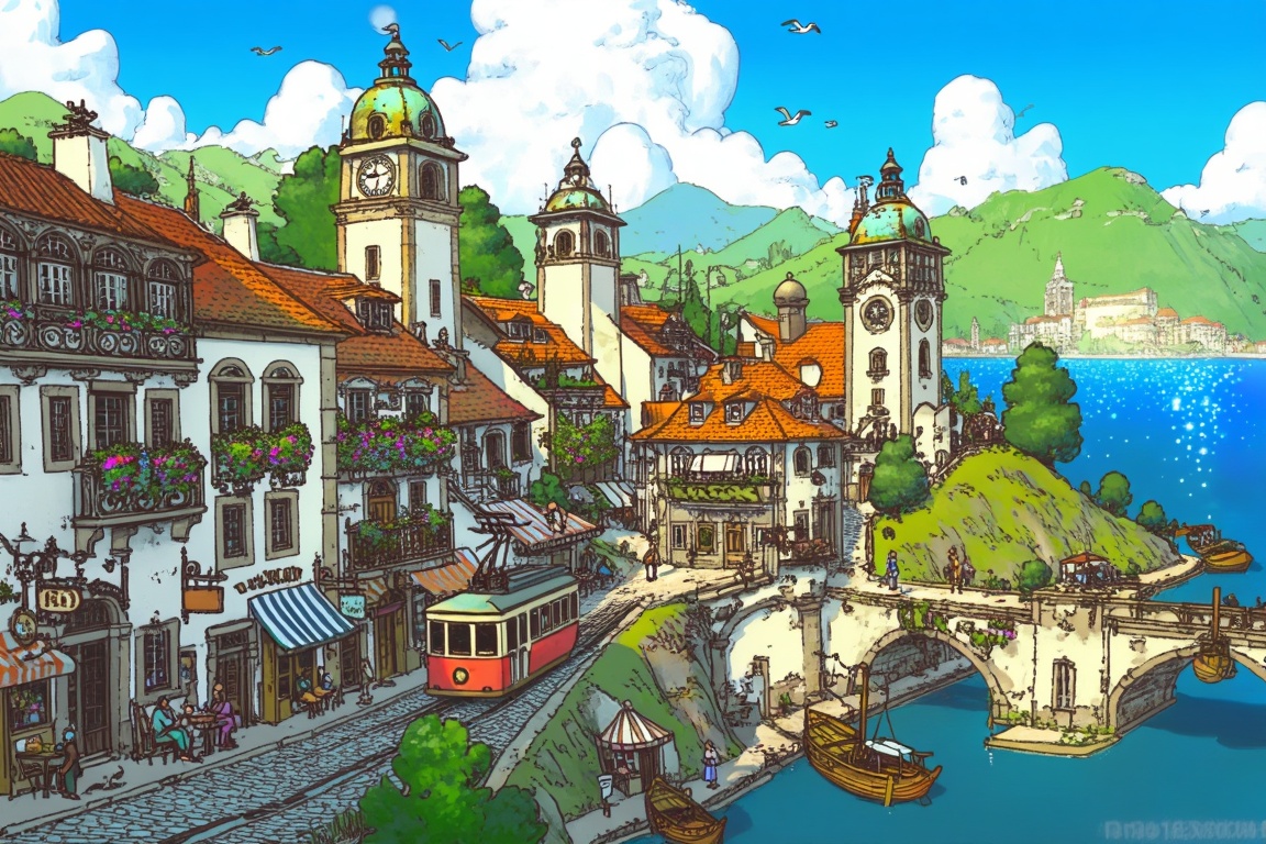 An expansive and detailed illustration depicts a vibrant,  bustling city built into a series of rolling green hills overlo...