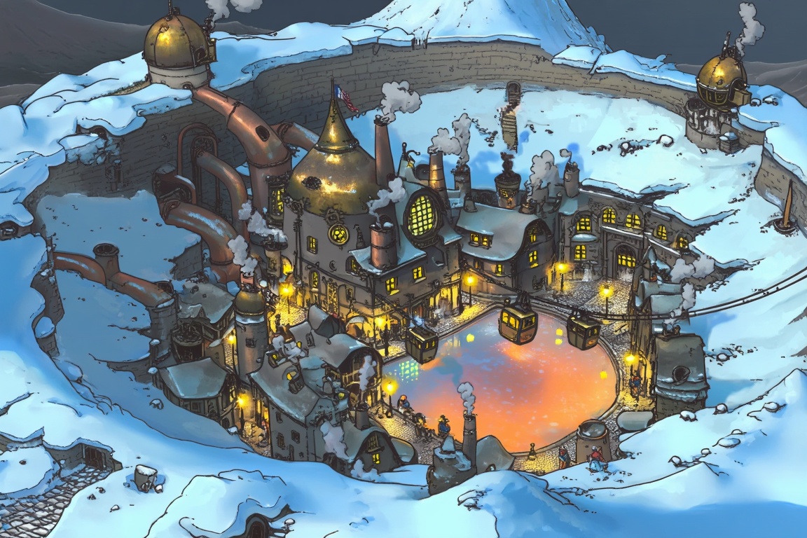 A charming,  isometric map-style illustration portrays a city nestled inside a massive,  snow-covered volcanic crater. Des...