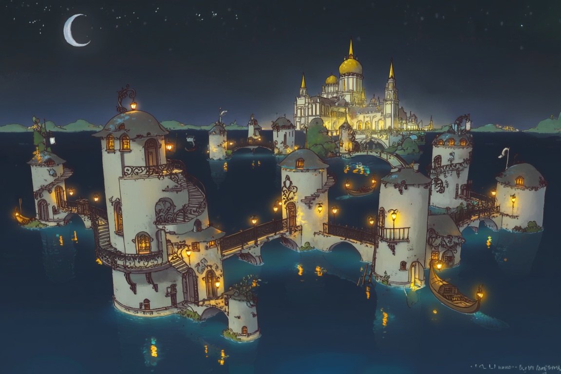 An enchanting nocturnal illustration portrays a sprawling city built entirely upon a cluster of islands,  connected by a n...