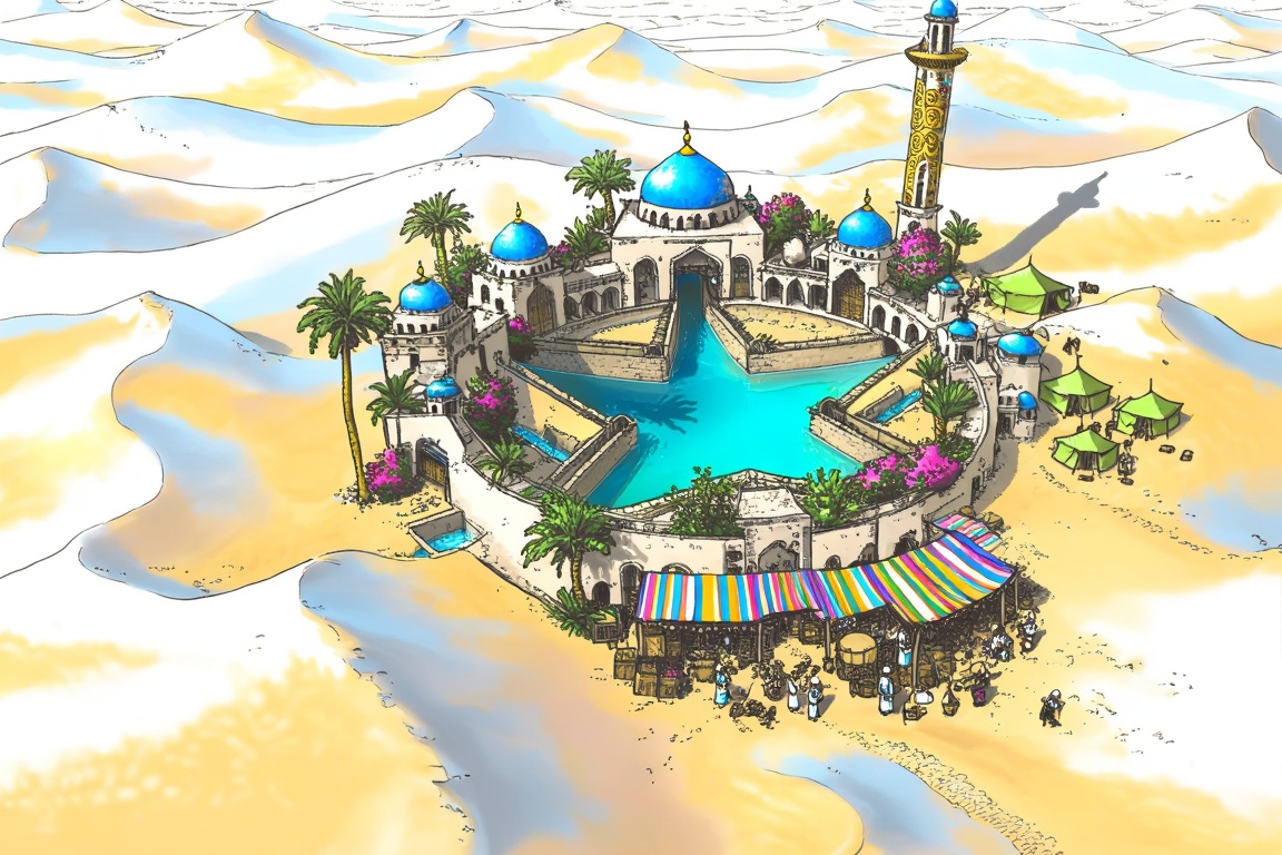 An intricate,  bird's-eye view illustration showcases a sprawling oasis city nestled within a vast,  undulating desert of...