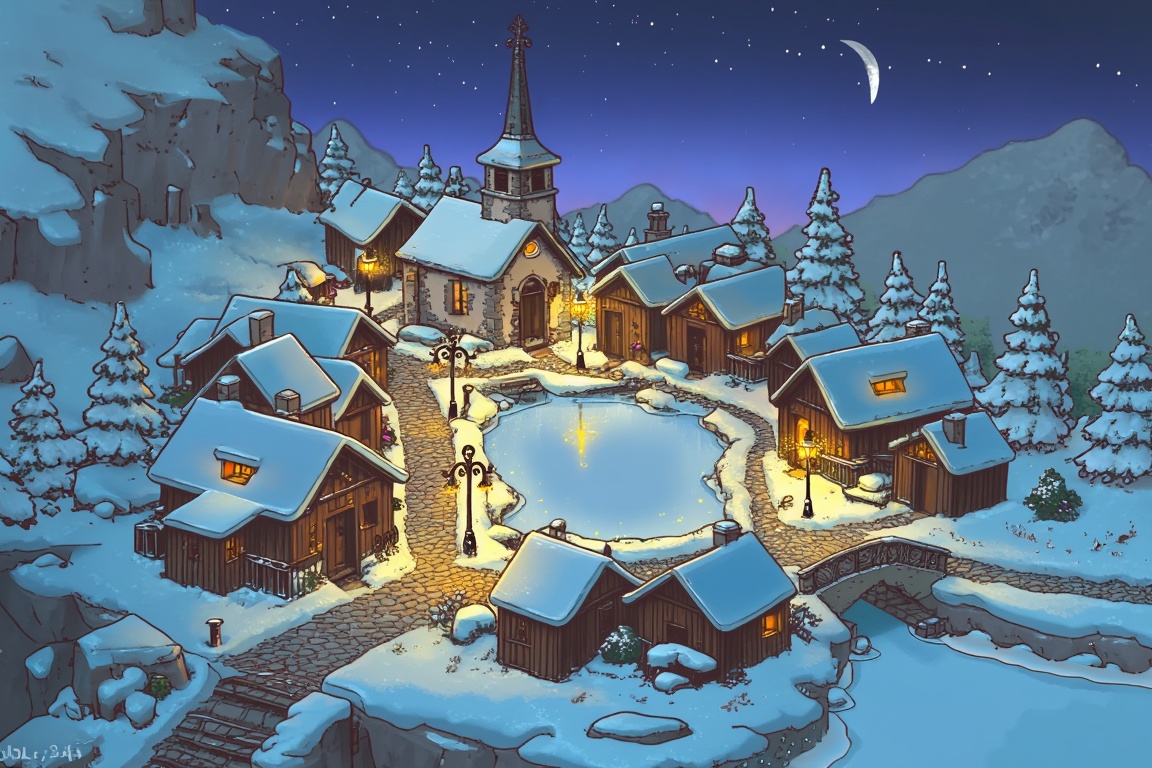 An enchanting,  isometric-style illustration depicts a small mountain village tucked into a snowy pass at twilight. The la...