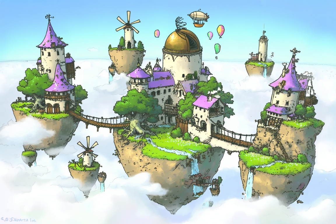 A whimsical,  top-down illustrative map portrays a fantastical city scattered across a series of floating,  mossy islands...