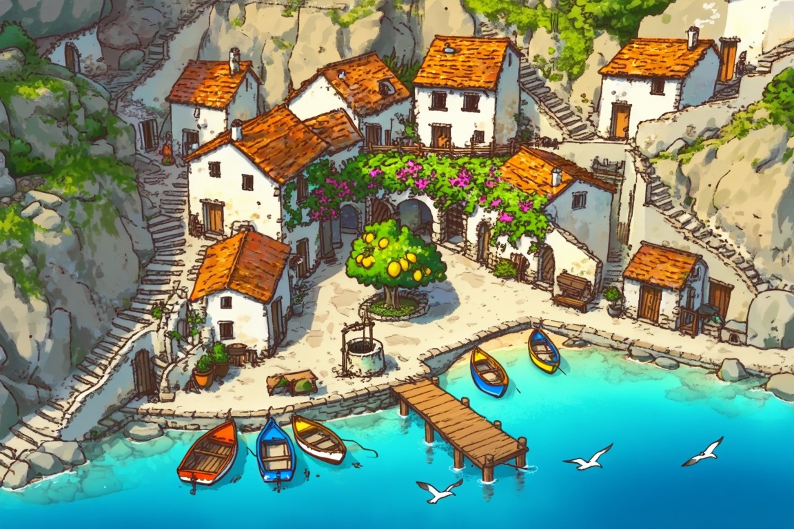 A charming,  bird's-eye view illustration of a tiny fishing village clinging to a steep,  rocky cliffside. The village lay...
