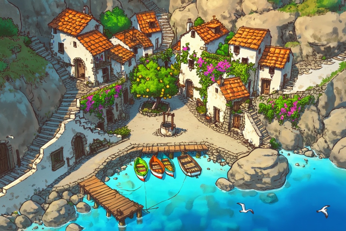 A charming,  bird's-eye view illustration of a tiny fishing village clinging to a steep,  rocky cliffside. The village lay...