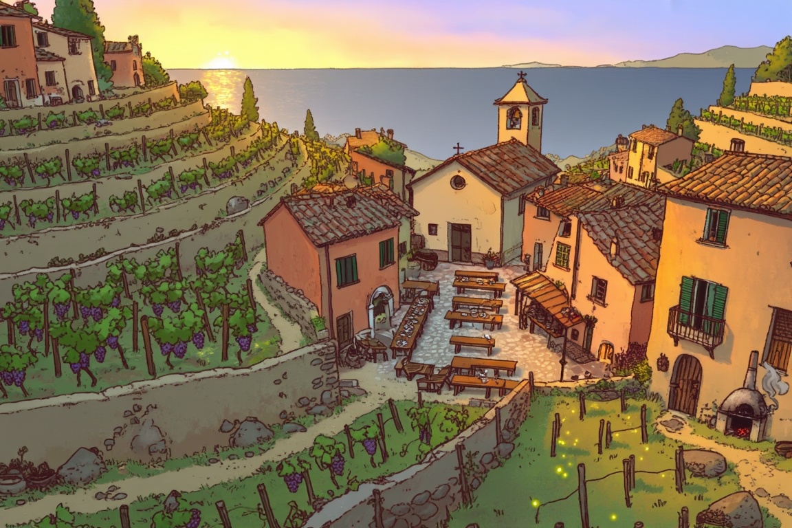 A stunning,  elevated-angle illustration portrays a small,  rustic village nestled within a series of steep on Tensor.Art