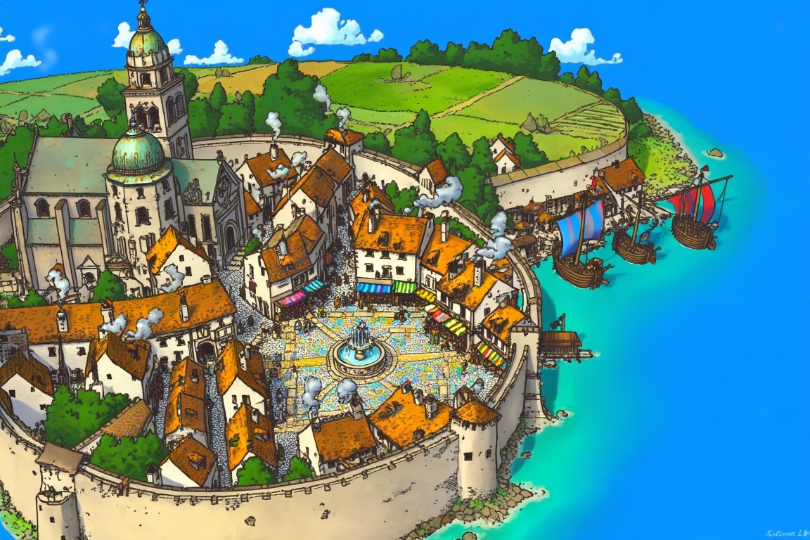 A vibrant,  bird's-eye view illustration depicts a bustling medieval-style city nestled within a circular stone wall along...