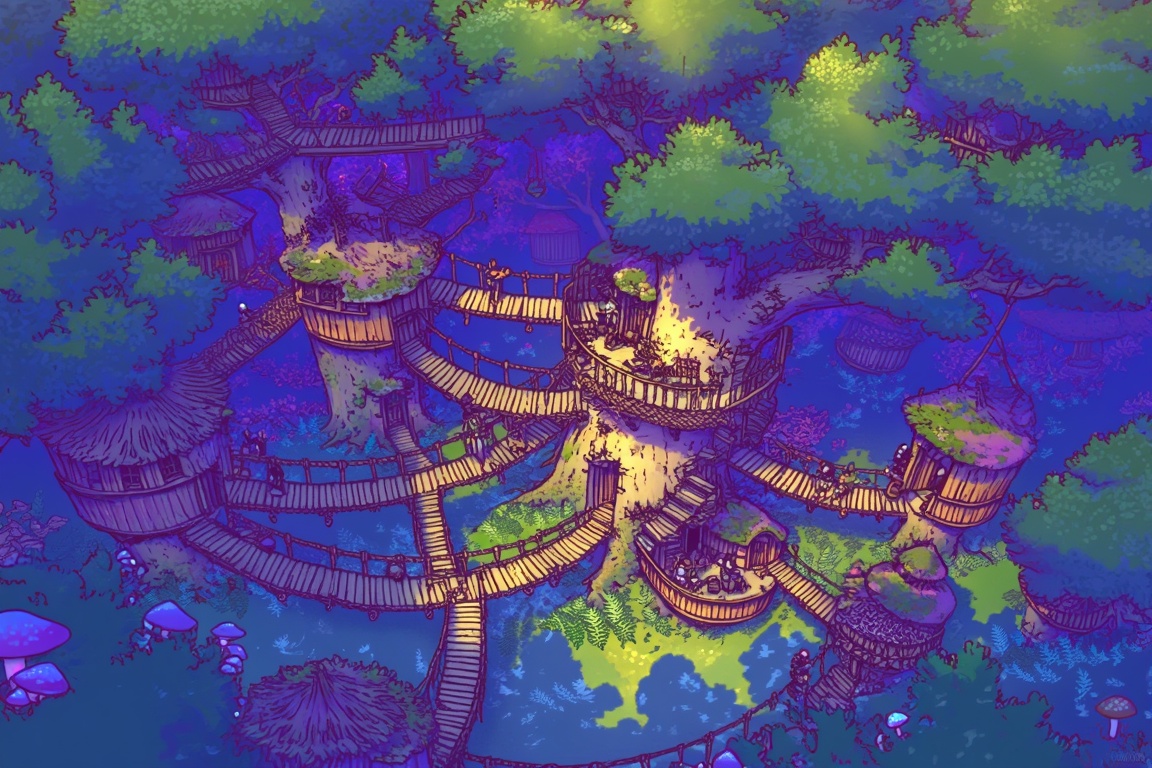 An enchanting,  top-down illustrative map shows a sprawling village built entirely within the branches of a cluster of gar...
