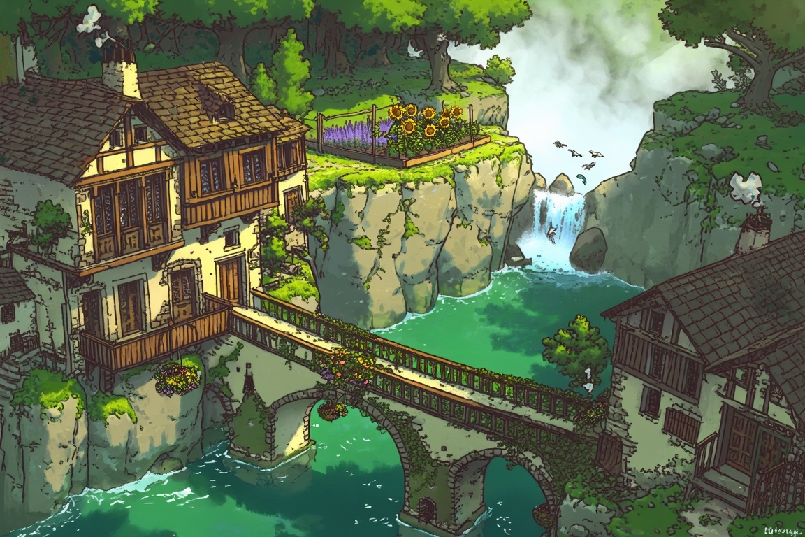 A vibrant,  elevated illustration shows a village built into the mossy limestone walls of a narrow river gorge. The houses...