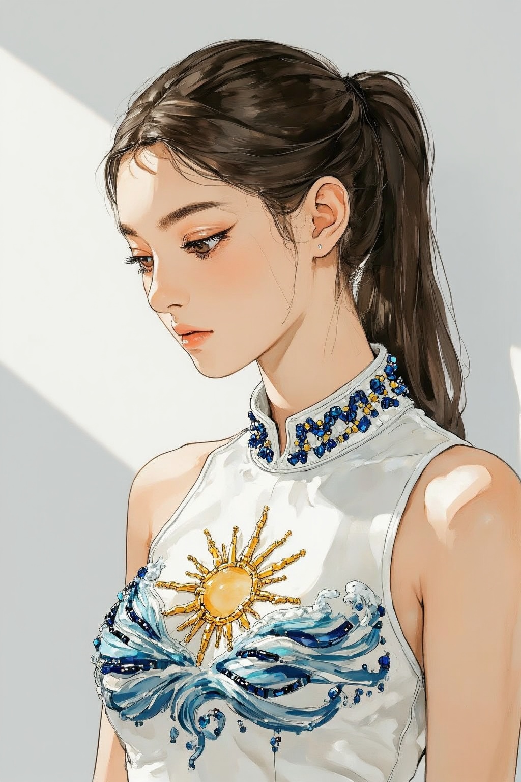 nijiwatercolor7z25 illustration. Medium-close-up of a young woman with long dark brown hair styled in a high,  sleek ponyt...