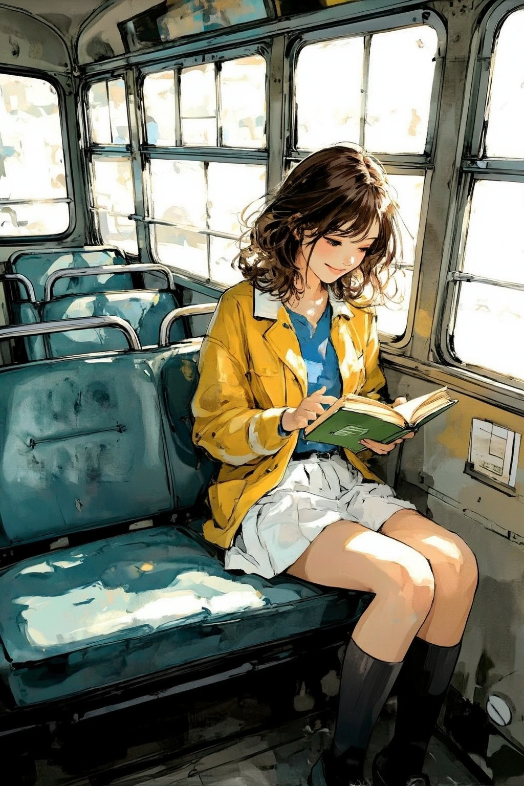 nijiwatercolor7z25 illustration. View from a slightly high angle of a young woman with wavy brown hair sitting in a vintag...