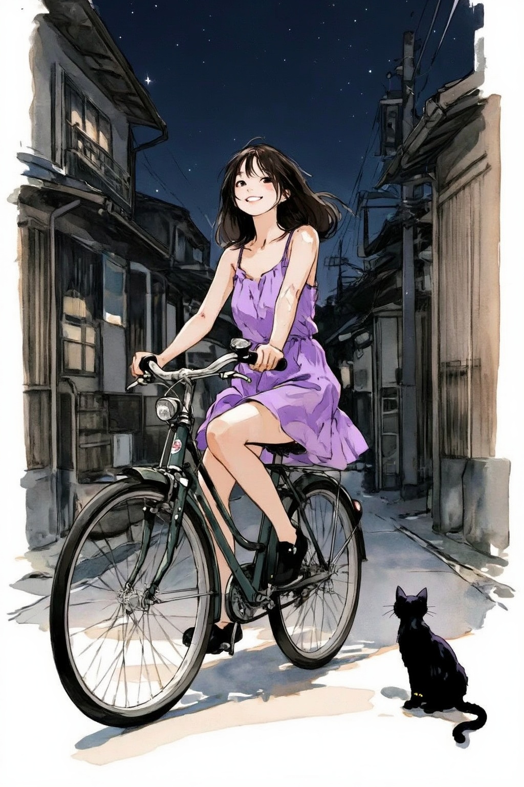 nijiwatercolor7z25 illustration. Young Asian woman riding an old style bicycle through a narrow,  quiet street at night. T...