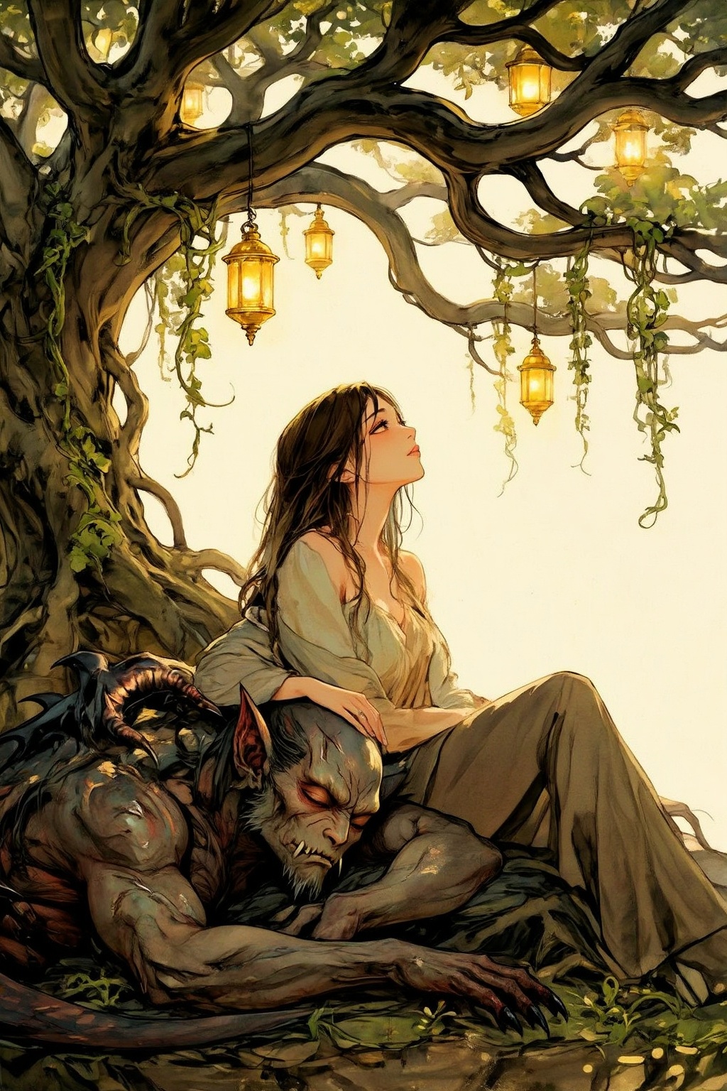 nijiwatercolor7z25 illustration. A beautiful woman and a sleeping demon. The woman sits gracefully under a sprawling tree...