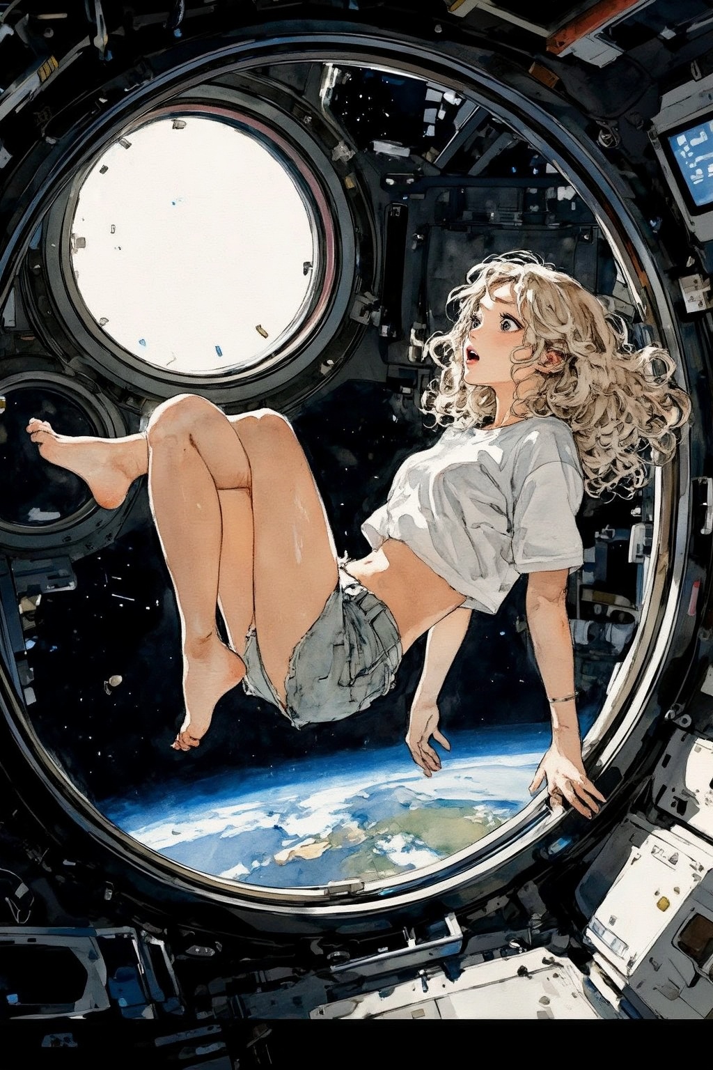 nijiwatercolor7z25 illustration. Blonde woman with curly long hair is floating weightless inside a space station with a la...
