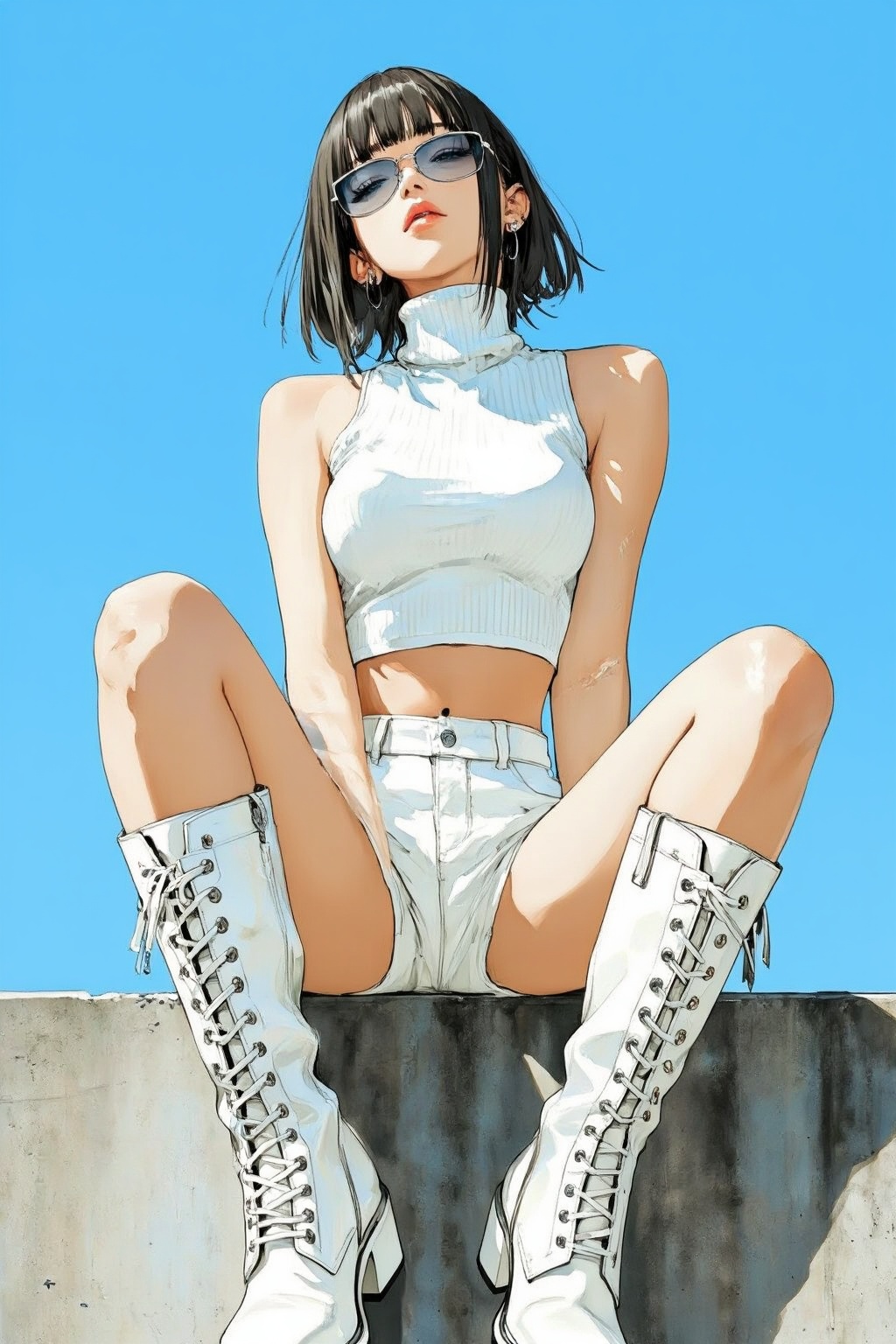 nijiwatercolor7z25 illustration. Low-angle full-body fashion portrait of a young woman with a sharp,  angular bob haircut...