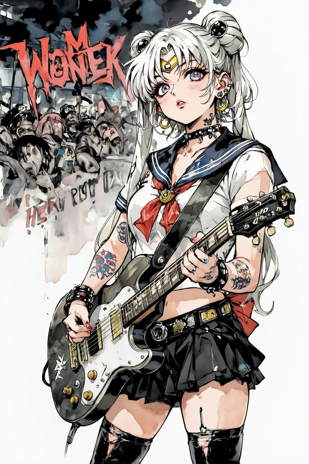nijiwatercolor7z25 illustration. Punk woman in sailor moon costume playing a guitar at a heavy metal mosh pit,  tattoos,...