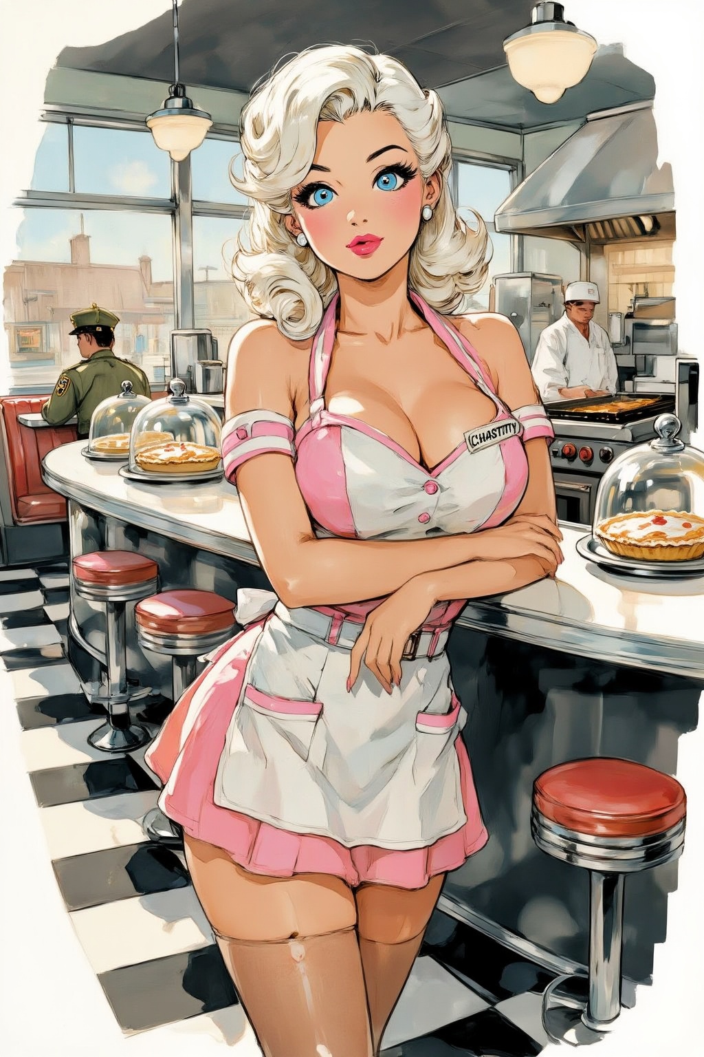 nijiwatercolor7z25 illustration. A waitress named Chastity,  with her name embroidered on a tag beside her ample bosom,  s...