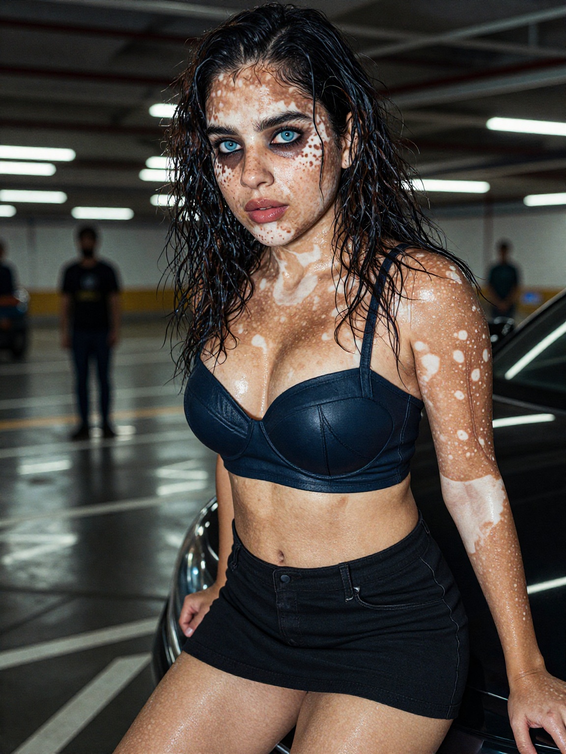 photograph of a young woman with dark brown skin and blue eyes,  vitiligo affecting her face and shoulders,  creating a un...