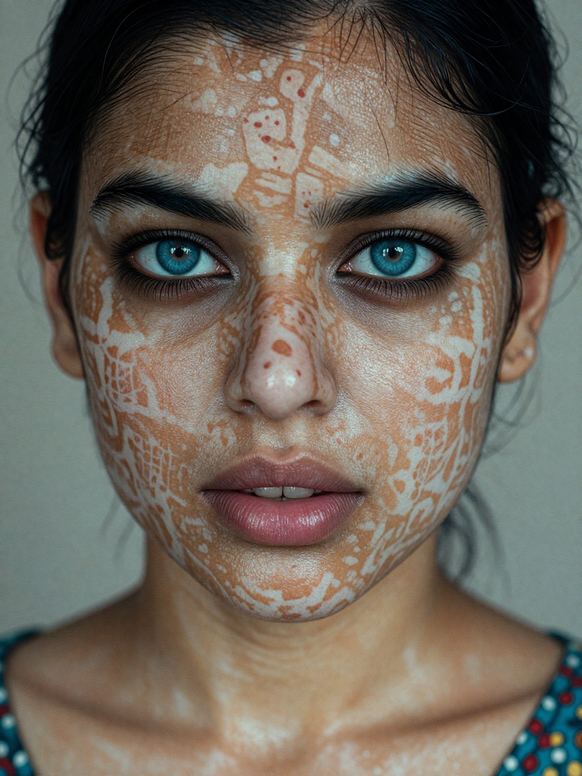 Close-up photograph of a young south Asian woman with dark brown skin and blue eyes,  vitiligo affecting her face and shou...