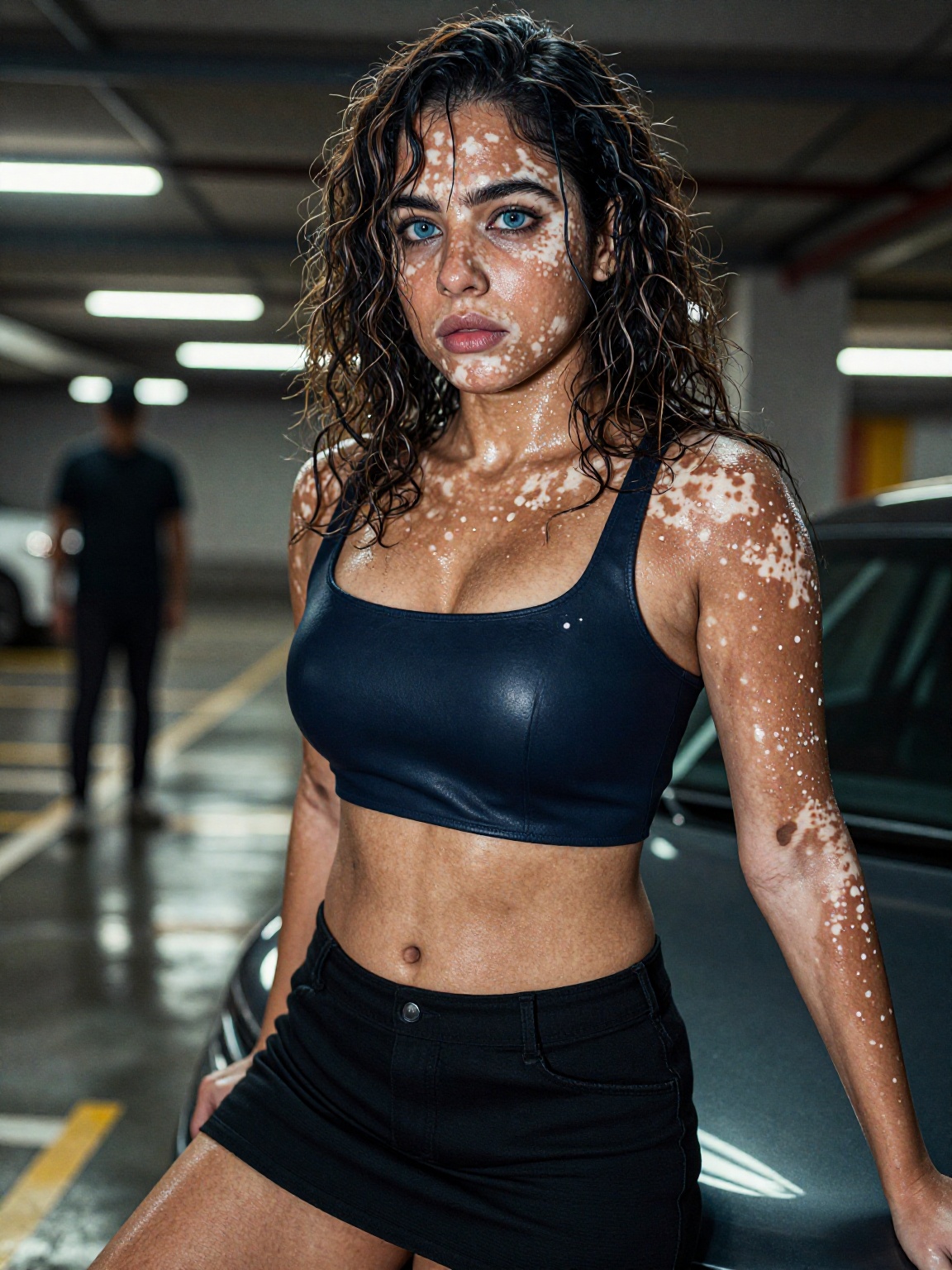photograph of a young woman with dark brown skin and blue eyes,  vitiligo affecting her face and shoulders on navel midrif...