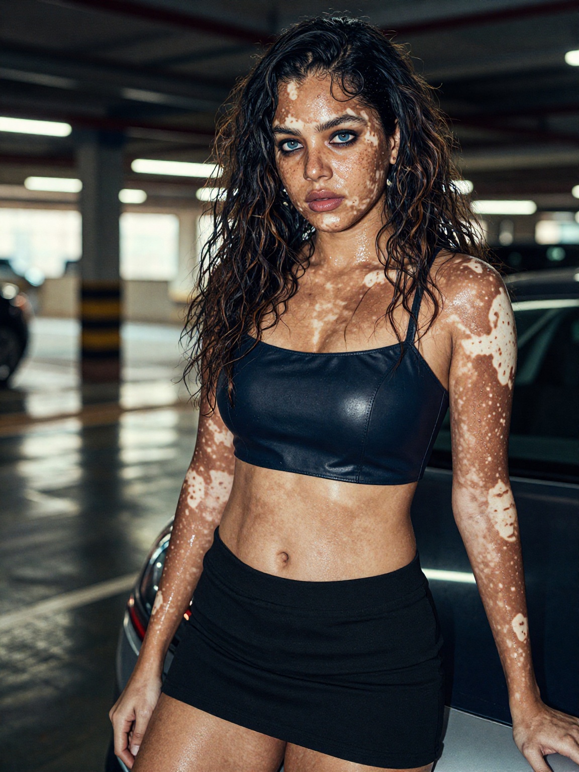 photograph of a young woman with dark brown skin and blue eyes,  vitiligo affecting her face and shoulders on navel midrif...