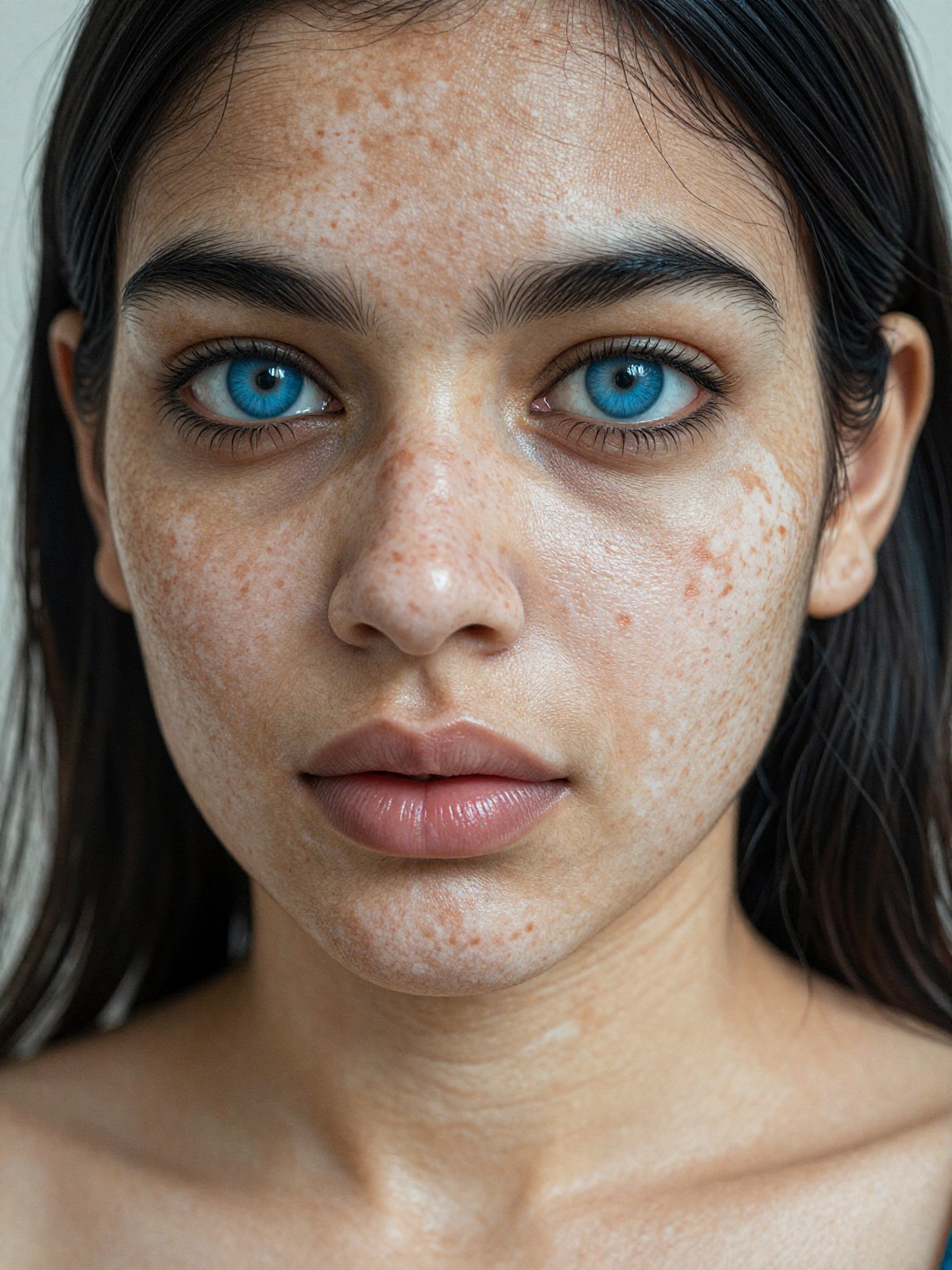 Close-up photograph of a young south Asian woman with dark skin and blue eyes,  vitiligo affecting her face and shoulders,...