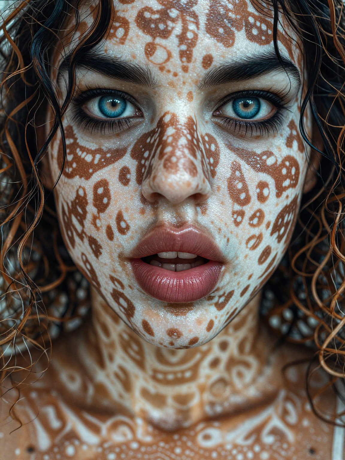 Close-up photograph of a young woman with dark brown skin and blue eyes,  vitiligo affecting her face and shoulders,  crea...