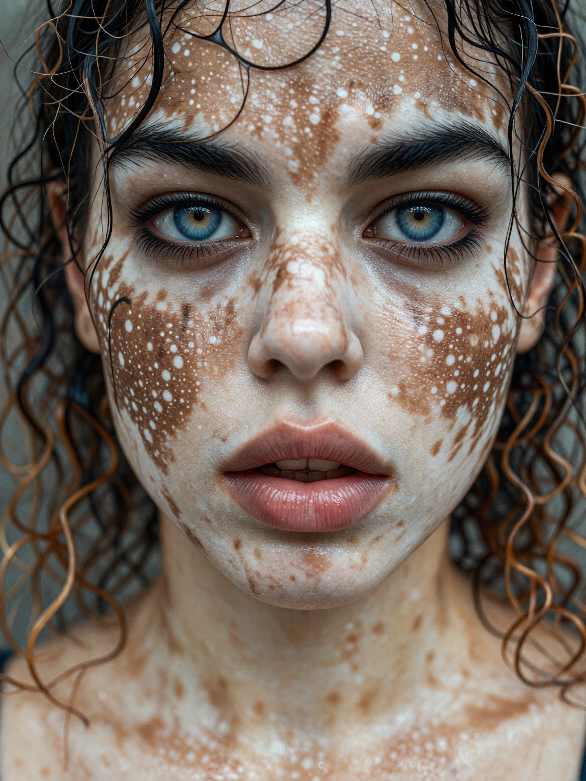 Close-up photograph of a young woman with dark brown skin and blue eyes,  vitiligo affecting her face and shoulders,  crea...