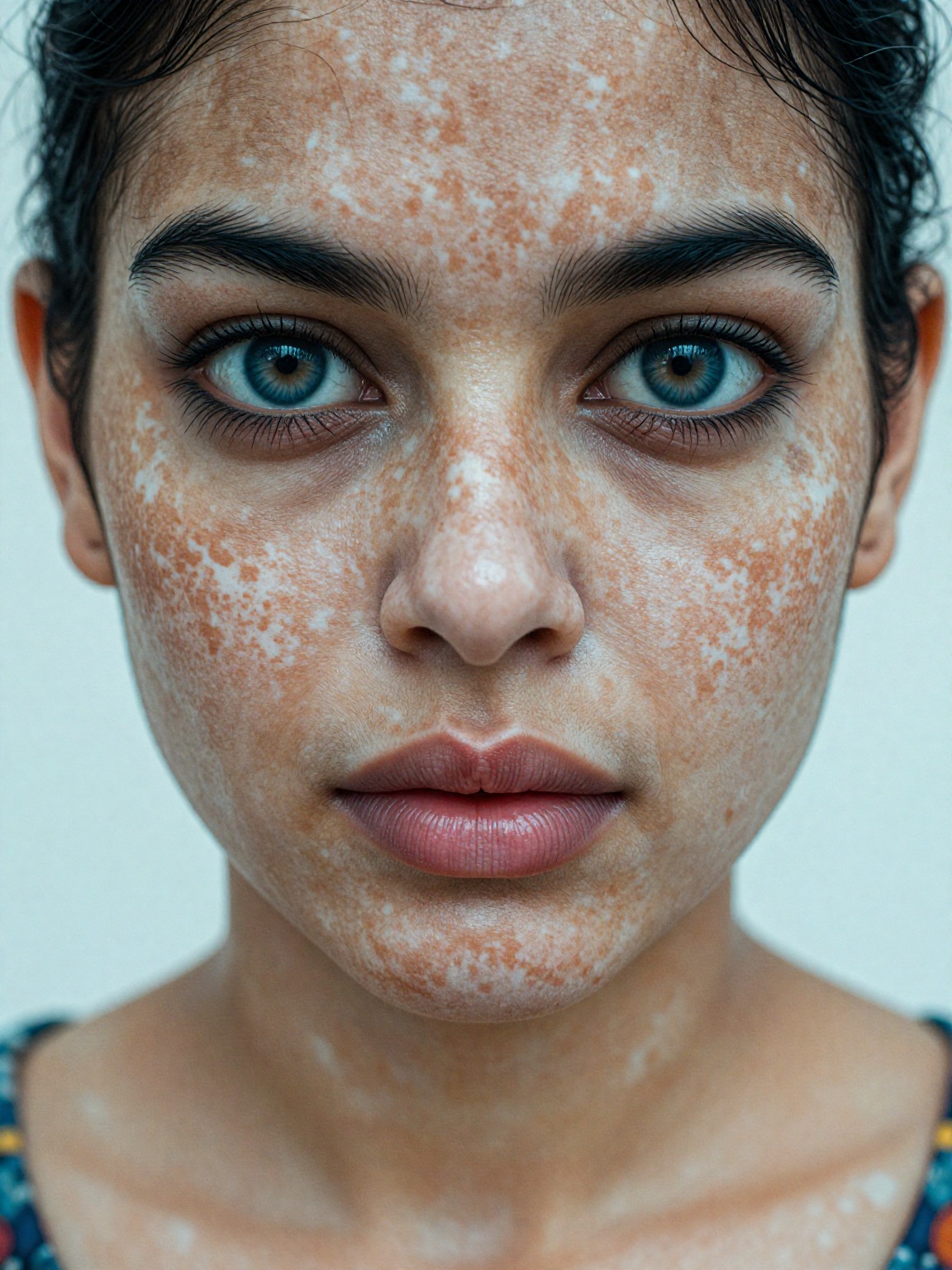 Close-up photograph of a young south Asian woman with dark skin and blue eyes,  vitiligo affecting her face and shoulders,...