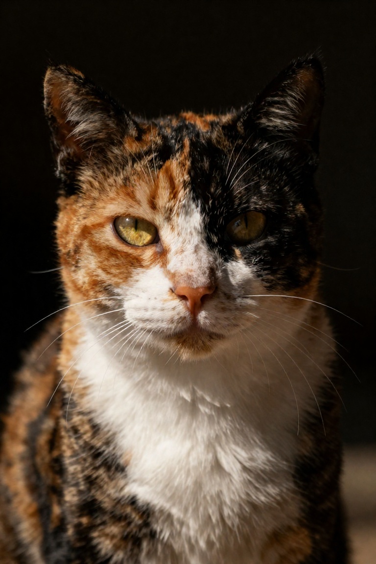 A detailed close-up portrait of a calico cat. The cat's fur is a combination of black,  orange,  and white on Tensor.Art