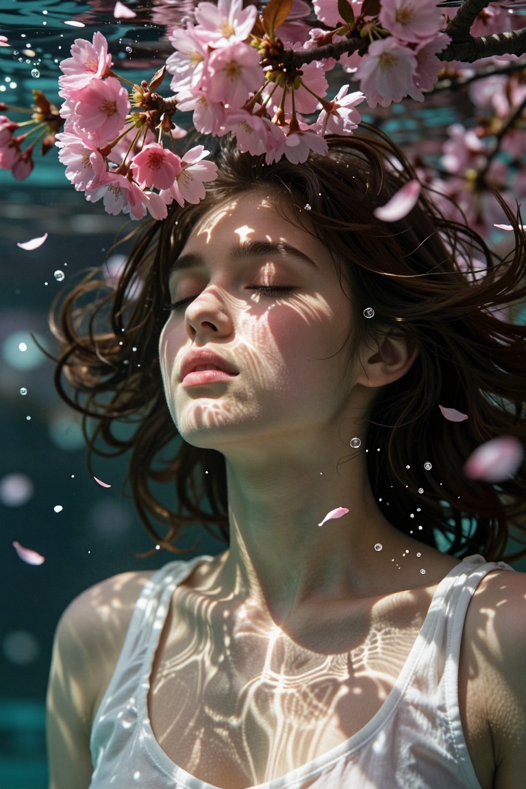 A young woman floats underwater,  eyes closed,  face serene. Her head is crowned with fresh pink cherry blossoms on Tensor...