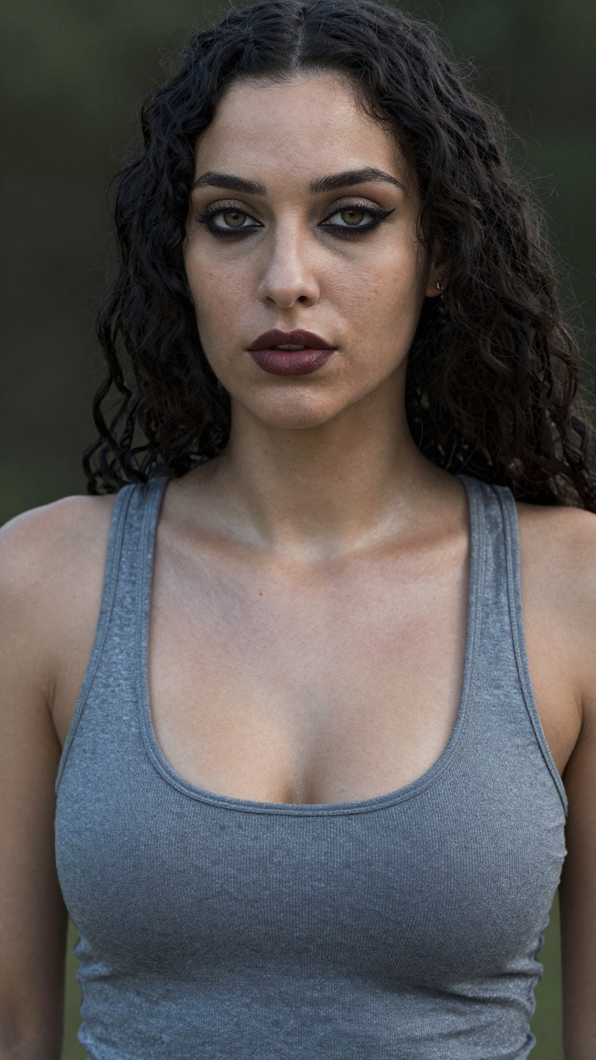 Create a medium shot image of a woman with detailed facial features. She has long curly hair,  sharp hazel eyes lined with...