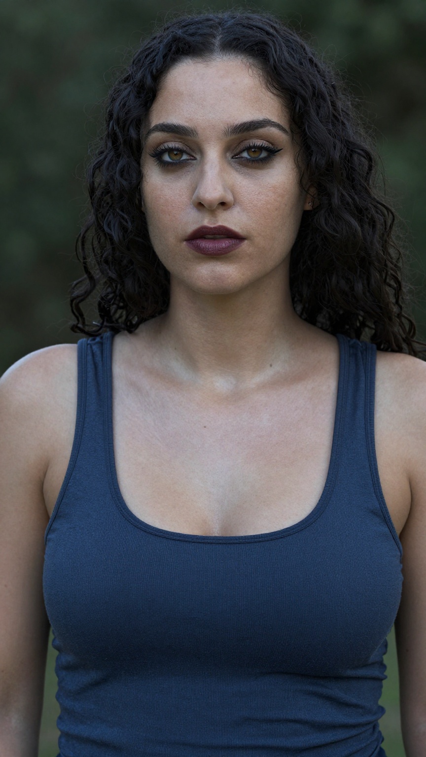 Create a medium shot image of a woman with detailed facial features. She has long curly hair,  sharp hazel eyes lined with...