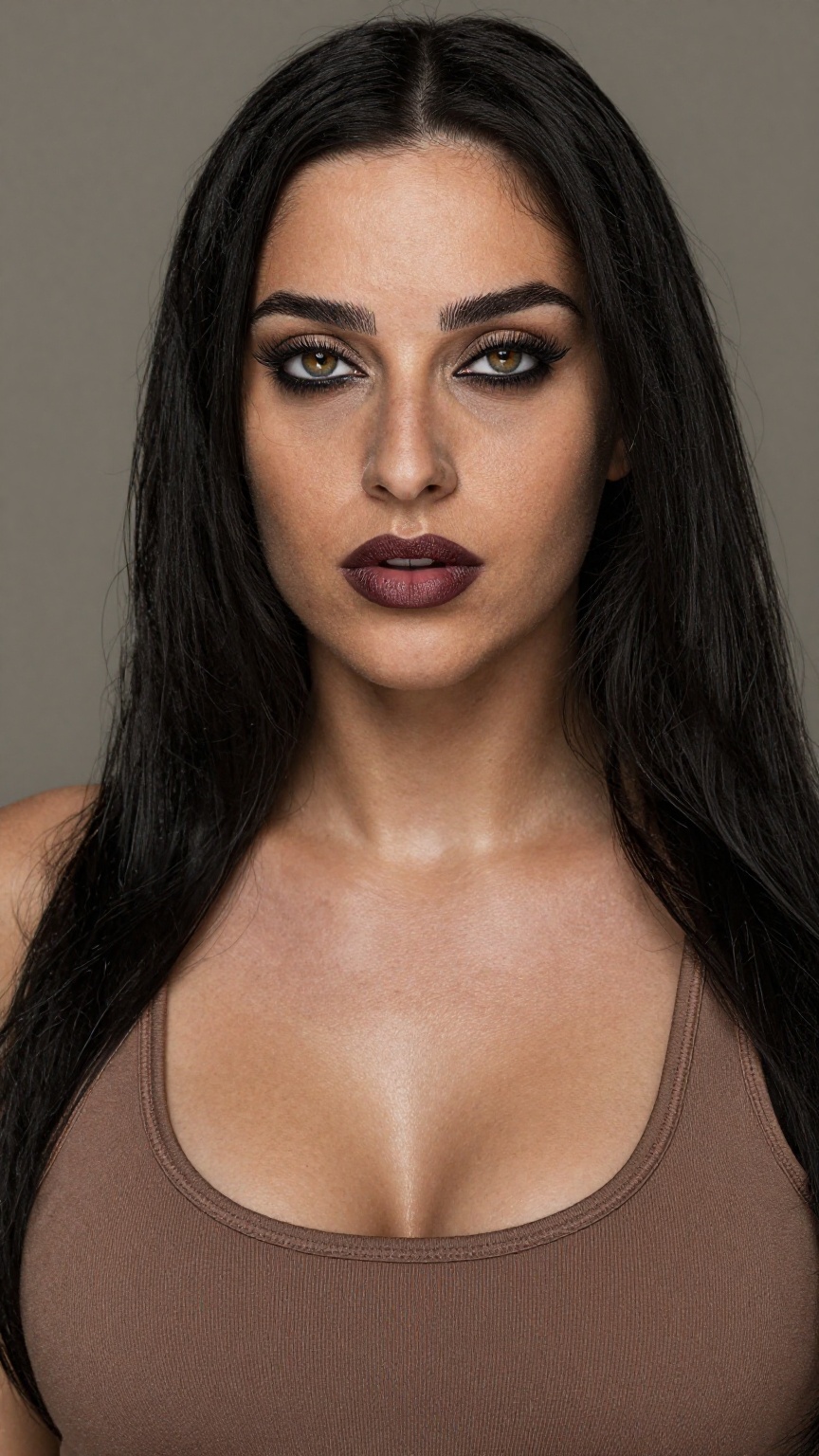 A medium shot image of a woman with a detailed face. Her long hair cascades down her back,  framing her face. She has perf...