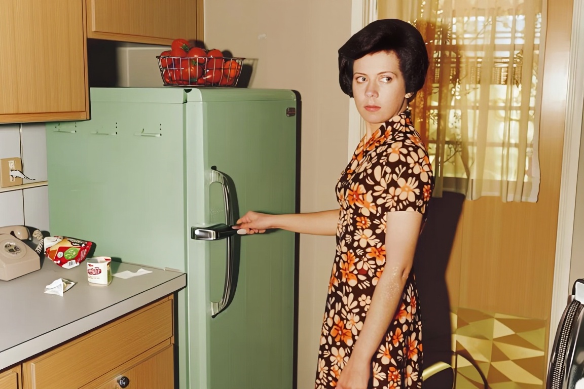A woman stands before an avocado-green refrigerator in a kitchen somewhere in the Mississippi Delta,  1977,  her hand on t...