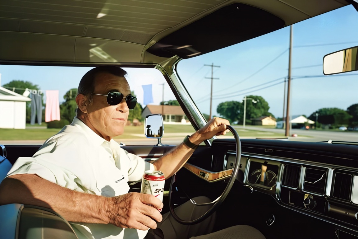 A middle-aged man sits motionless in the driver’s seat of a burgundy 1972 Cadillac Eldorado convertible,  top down,  parke...