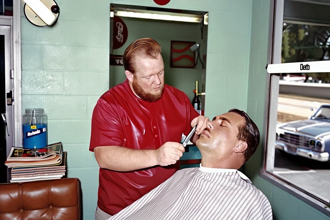 A heavyset barber in a blood-red nylon smock applies a straight razor to the neck of a seated customer wearing a pinstripe...