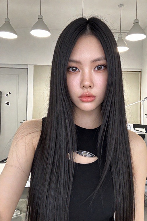 The image shows a person with long,  straight black hair wearing a sleeveless black top with a cutout metallic emblem on t...
