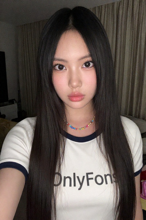 The image shows a young woman with long,  straight,  dark hair. She is wearing a white top with navy blue trim and a color...