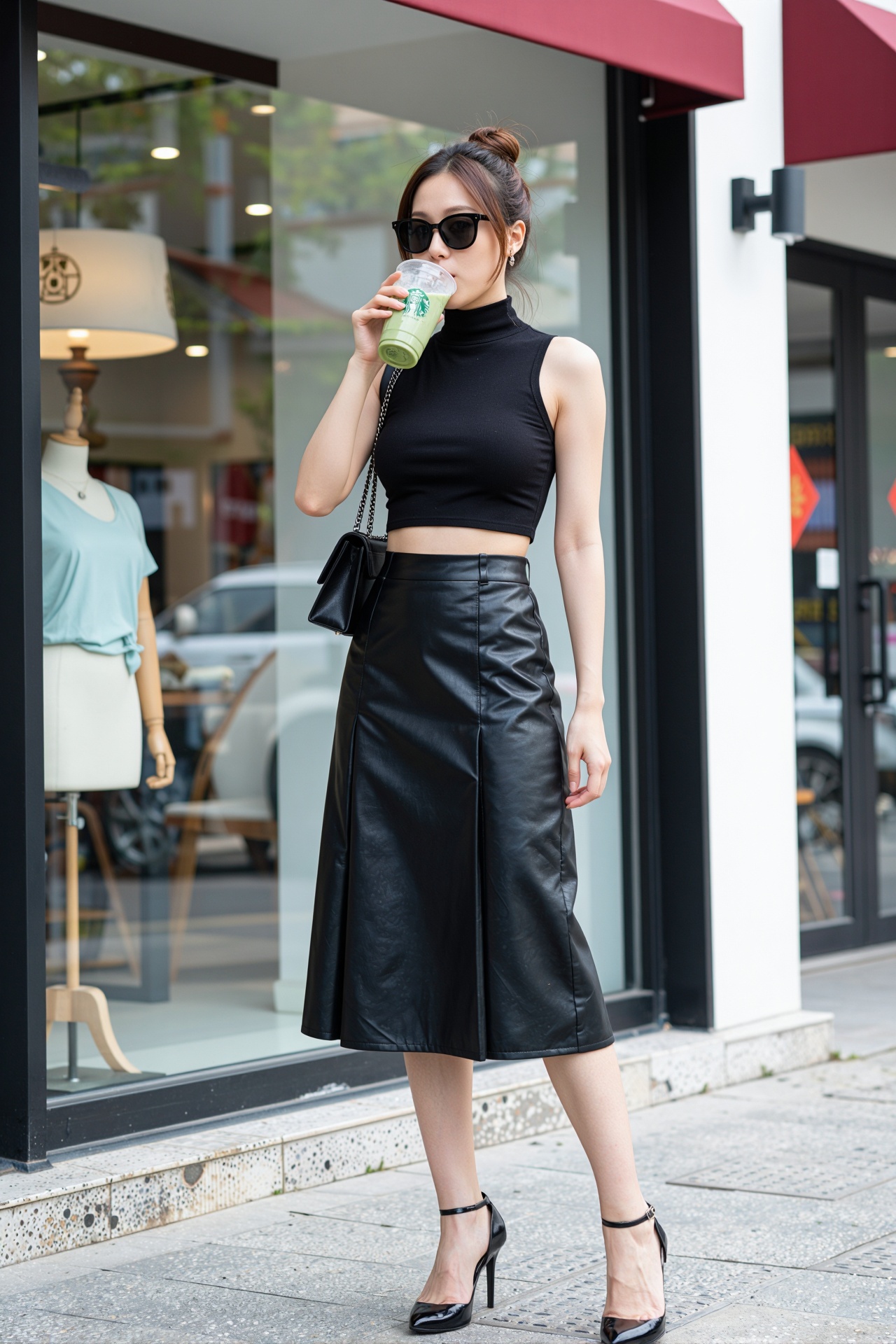 Photo of an Asian woman standing on a sidewalk,  wearing a black sleeveless crop top and a pleated black leather skirt. Sh...