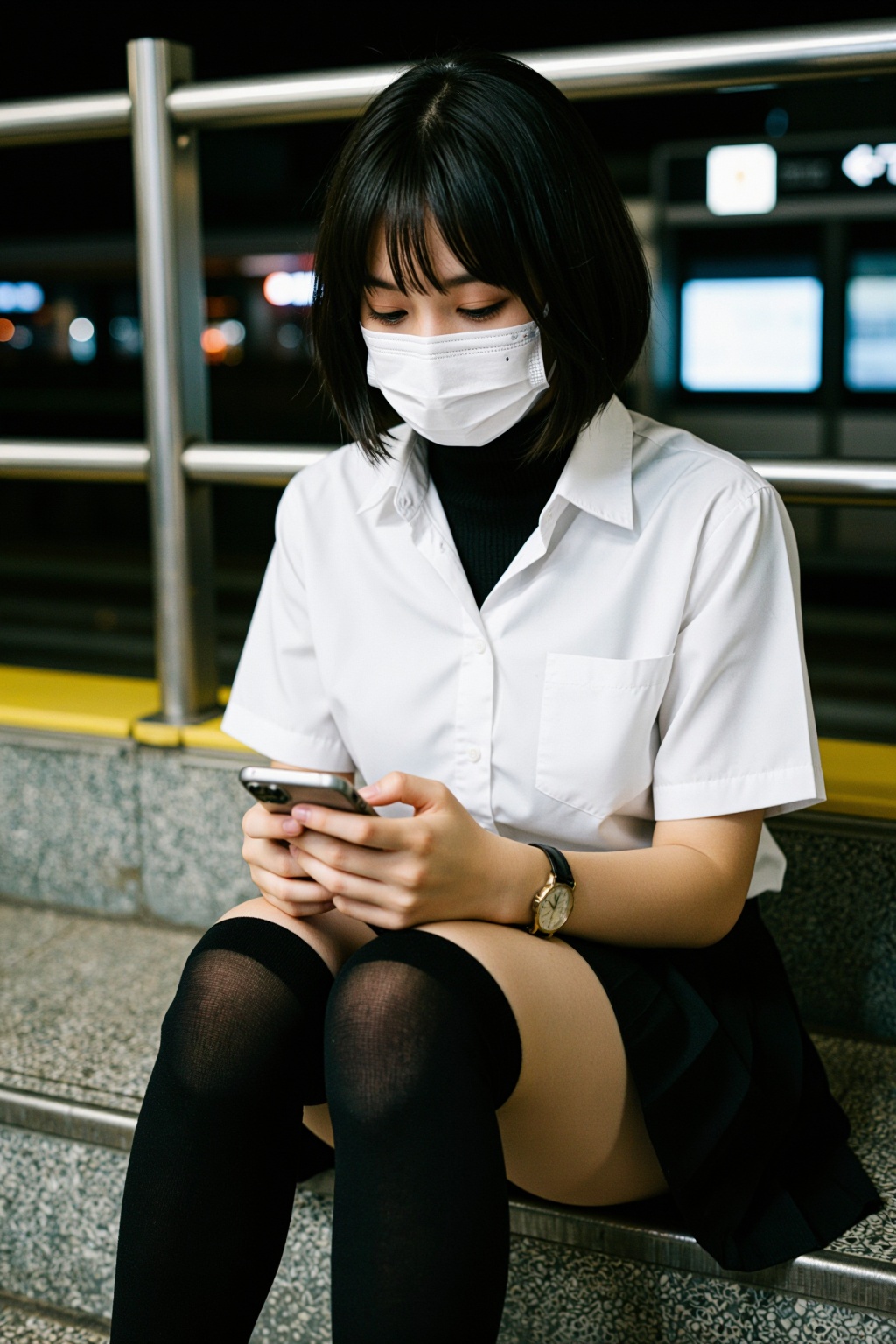 young asian woman black bob haircut white surgical mask white school uniform shirt black turtleneck thigh high socks,  sit...