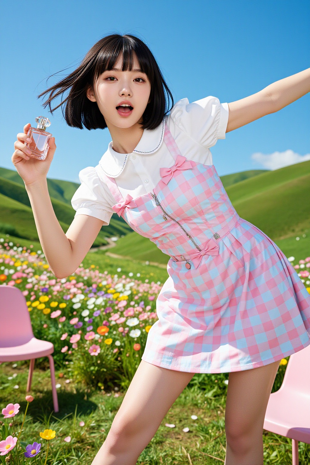 Fashion commercial photography,  dynamic advertising shot. An East Asian girl with a sleek black bob haircut and straight...