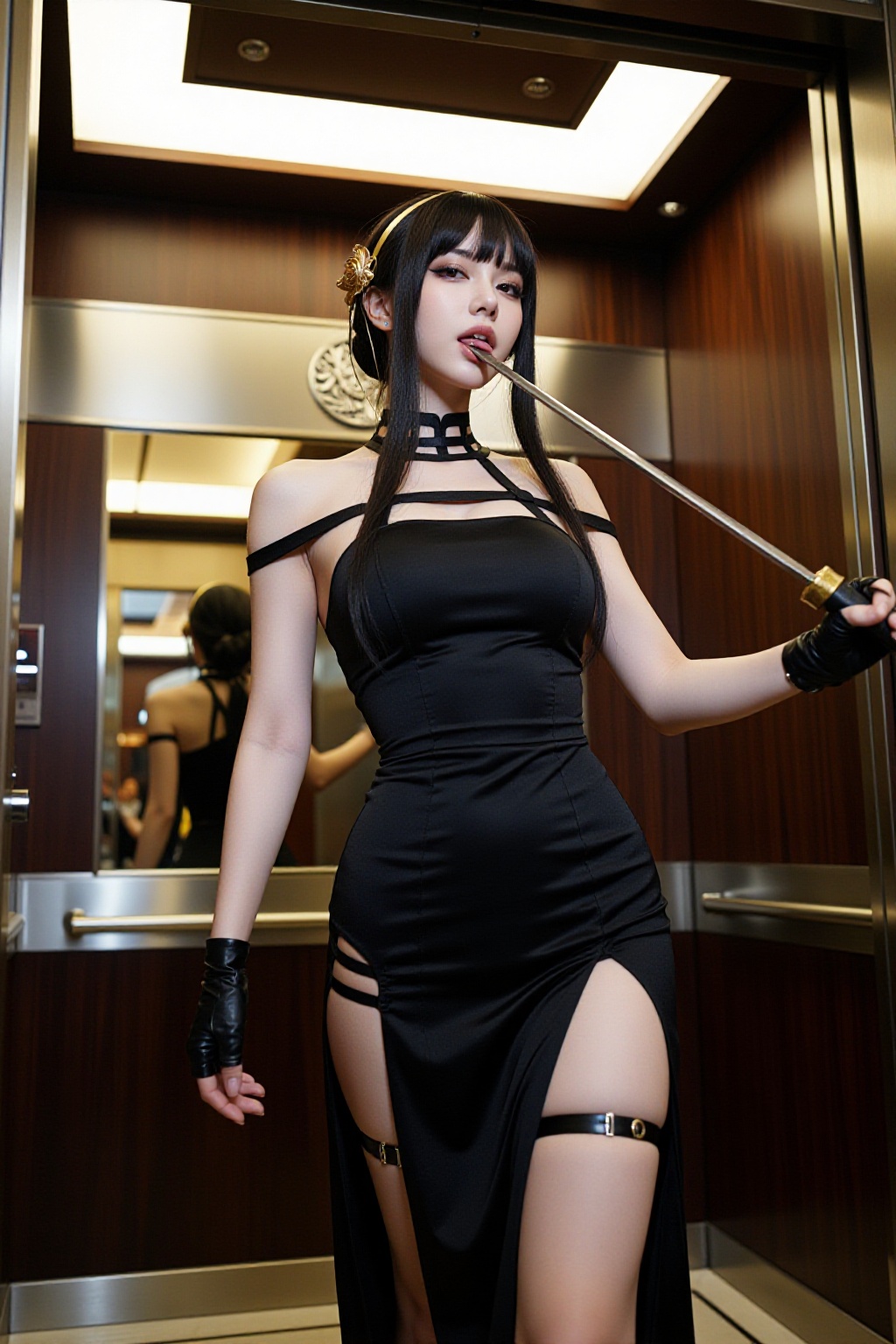 一位身着黑色紧身礼服的女性角色站在豪华电梯间内,  她拥有乌黑亮丽的长发,  额前是整齐的齐刘海 on Tensor.Art