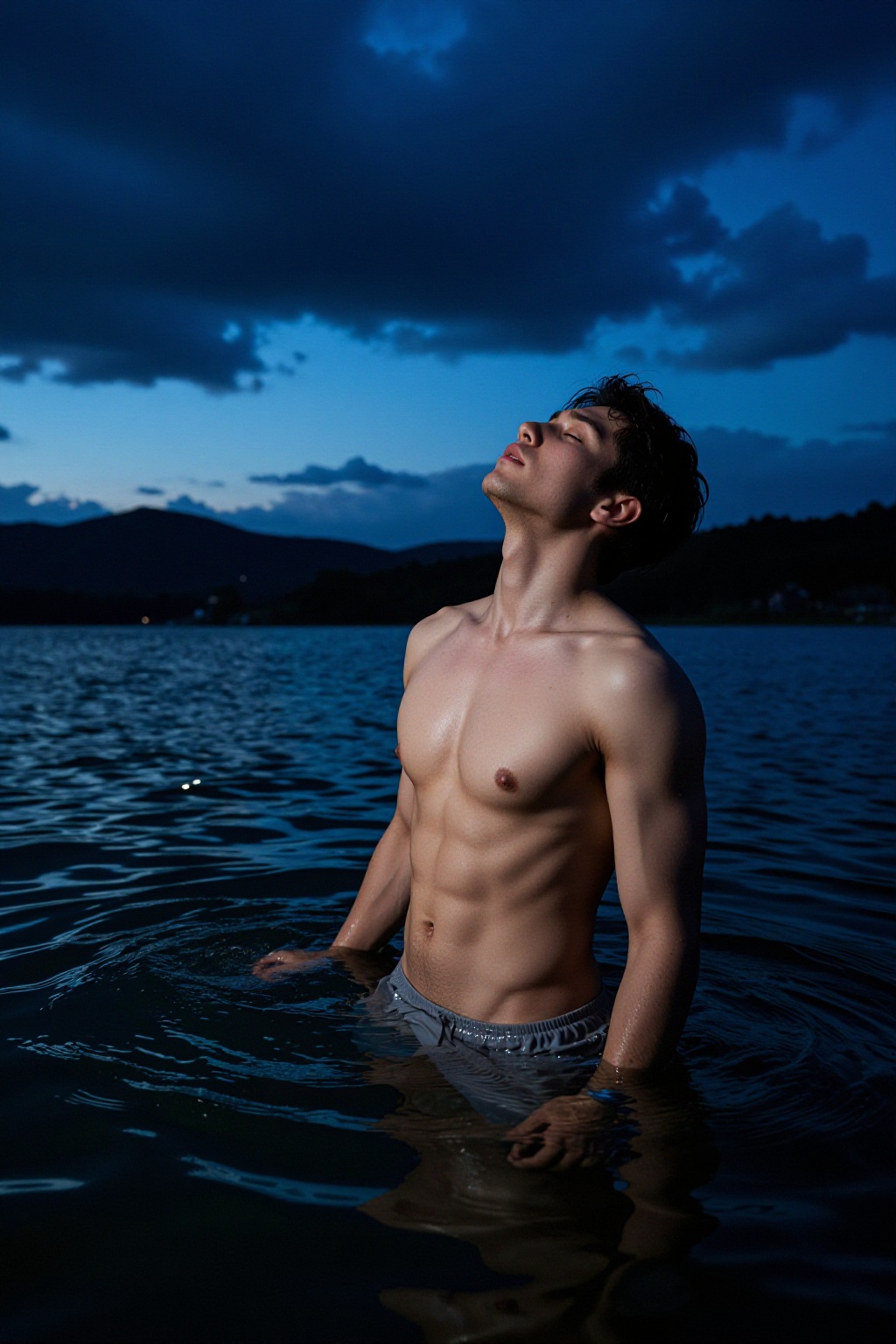 A shirtless muscular man stands waist-deep in dark water under a twilight sky illuminated by deep blue light; his head is...