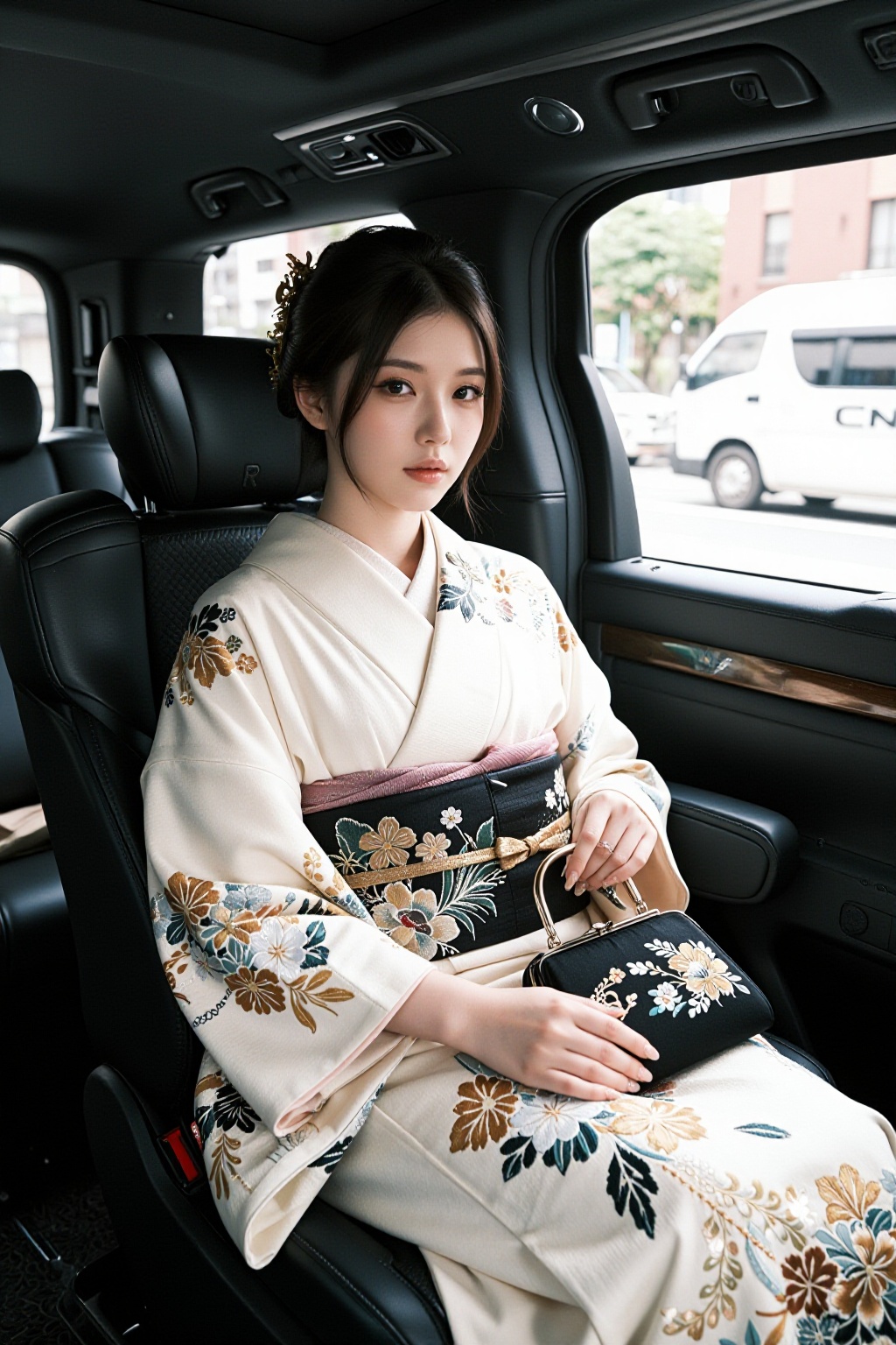 一位年轻女性端坐于豪华轿车后座,  身着精致华美的和服,  和服以米白色为底 on Tensor.Art