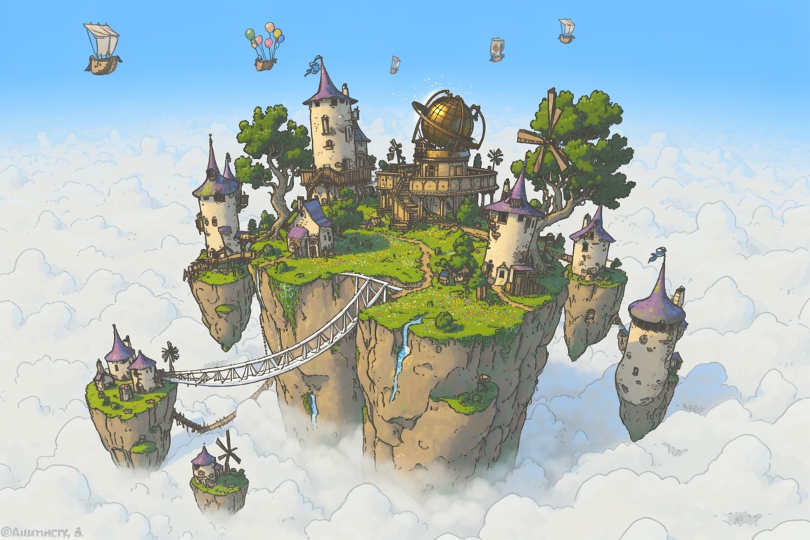 A whimsical,  top-down illustrative map portrays a fantastical city scattered across a series of floating,  mossy islands...