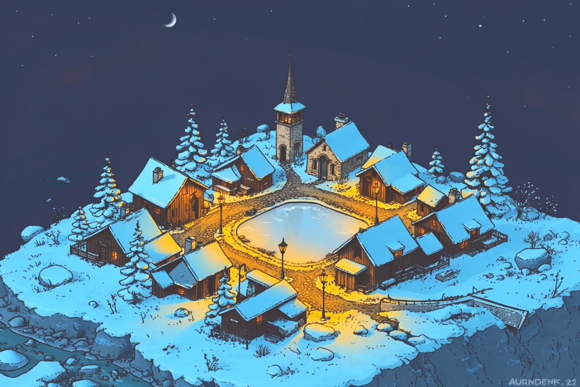 An enchanting,  isometric-style illustration depicts a small mountain village tucked into a snowy pass at twilight. The la...
